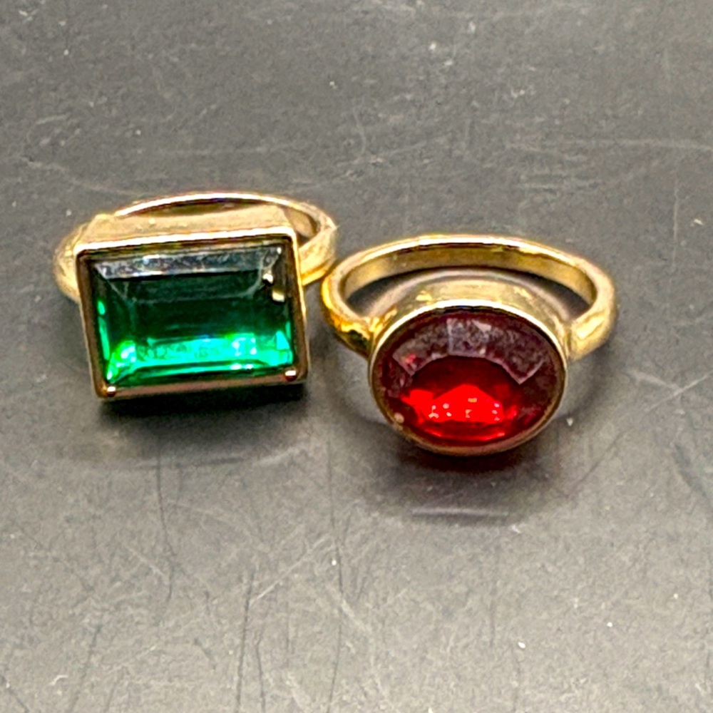 2 Gold cocktail Rings with Green and Red Stones